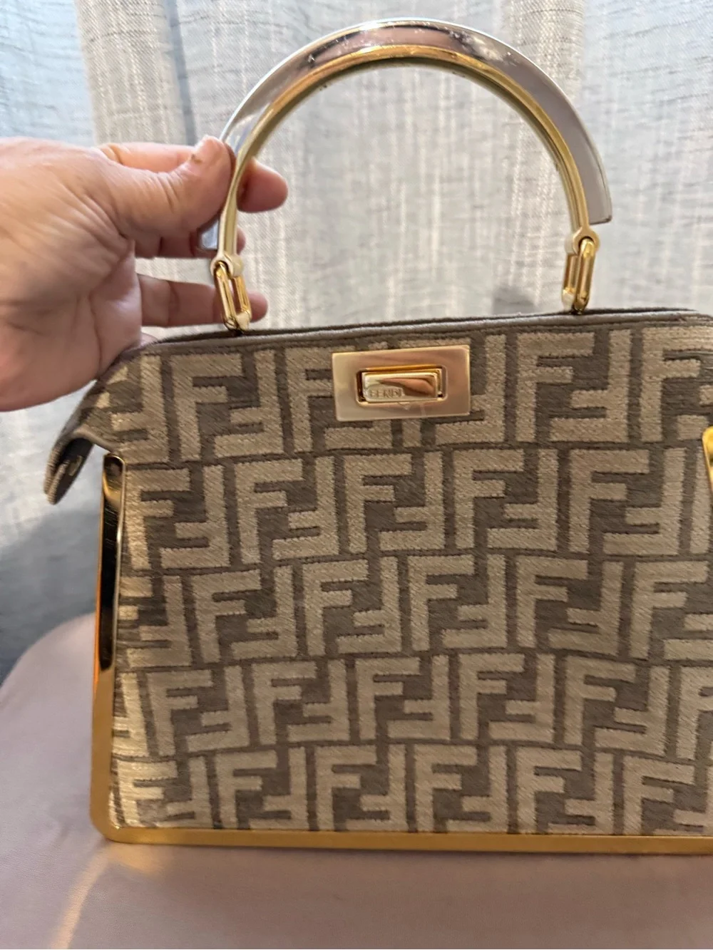 Fendi Beige/Brown FF Logo Satchel with Gold Accents